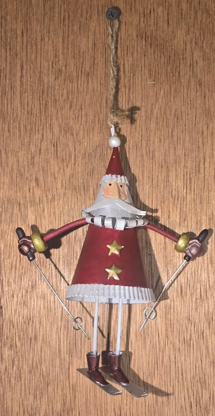 Metal Santa Skiing Christmas Ornament Rustic Folk Art Skier Holiday Decor